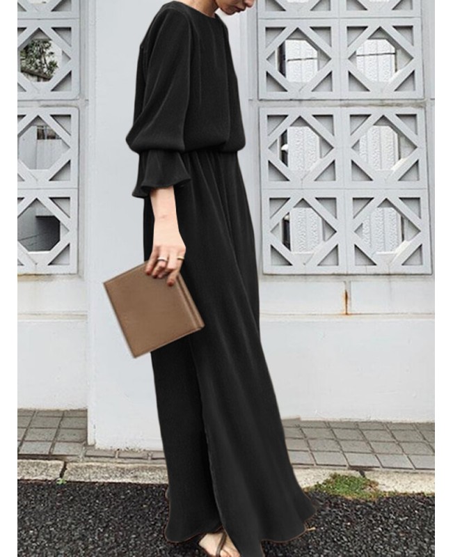 Solid Split Long Sleeve Round Neck Casual Maxi Dress - Black S