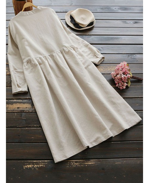 Vintage Women Cotton Solid Color Round Neck Button...