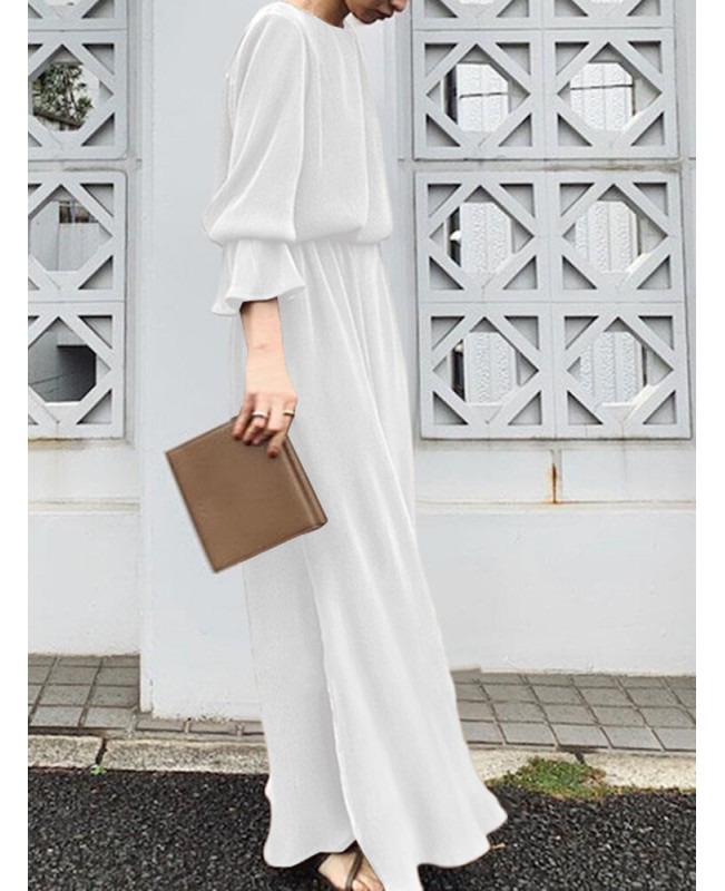 Solid Split Long Sleeve Round Neck Casual Maxi Dress - Black S