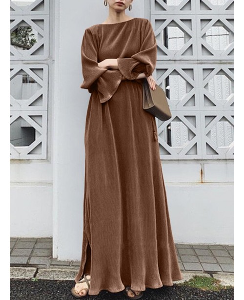 Solid Split Long Sleeve Round Neck Casual Maxi Dre...