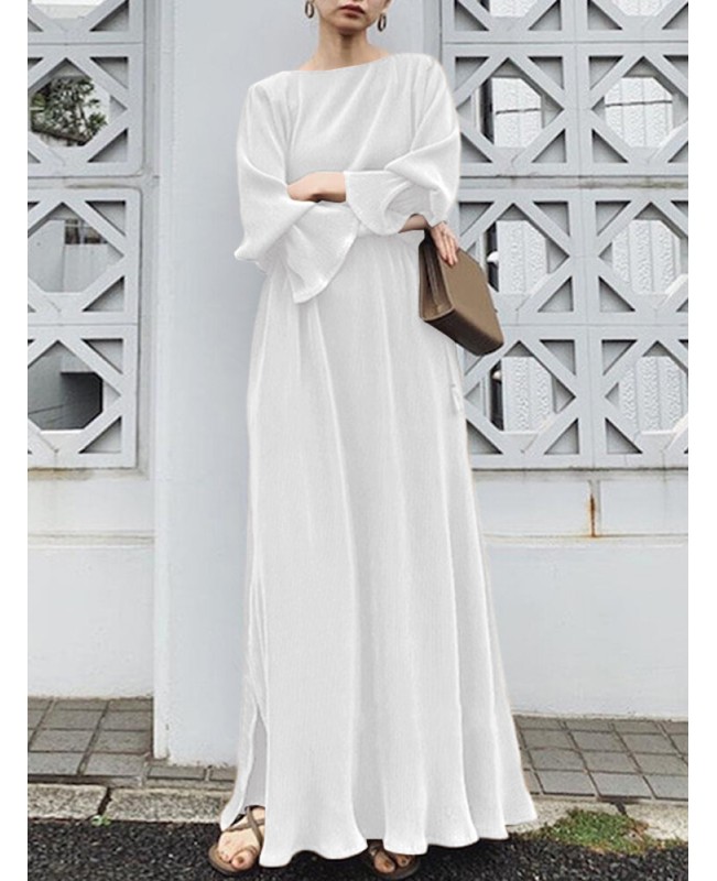 Solid Split Long Sleeve Round Neck Casual Maxi Dress - Black S