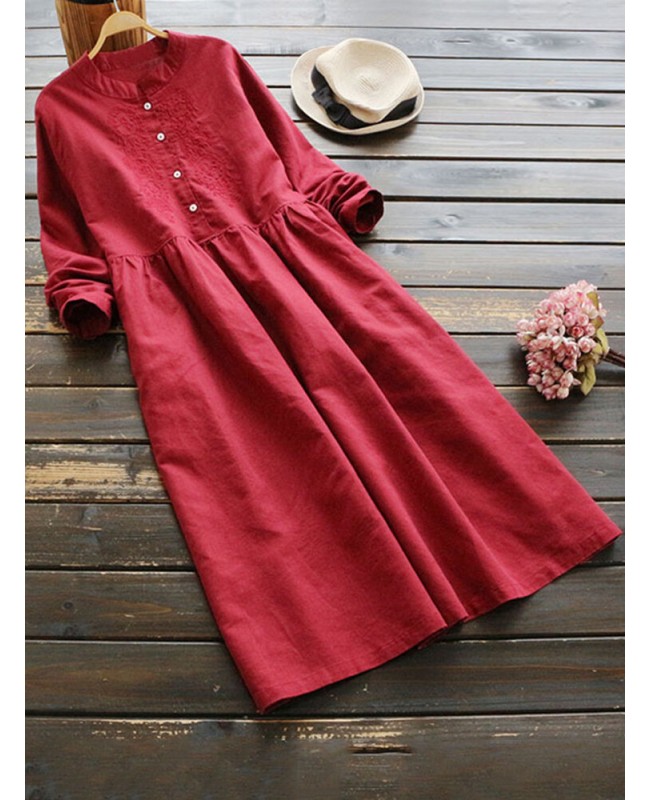 Vintage Women Cotton Solid Color Round Neck Button Long Sleeve Dress - Red 6