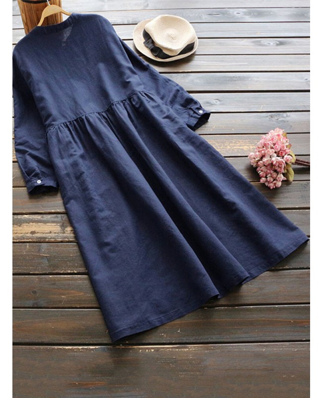 Vintage Women Cotton Solid Color Round Neck Button Long Sleeve Dress - Red 6