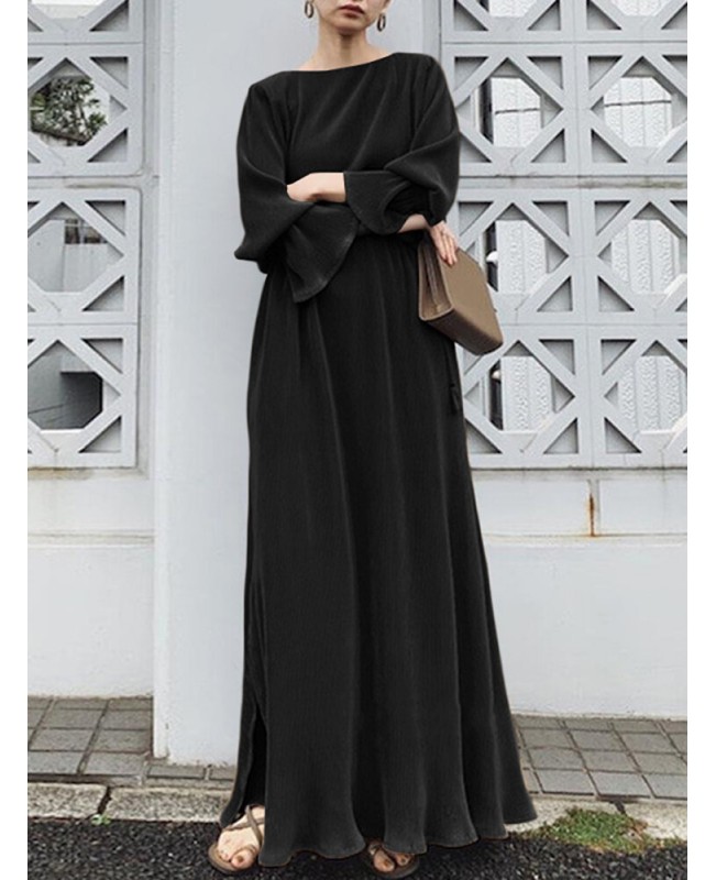Solid Split Long Sleeve Round Neck Casual Maxi Dress - Black S