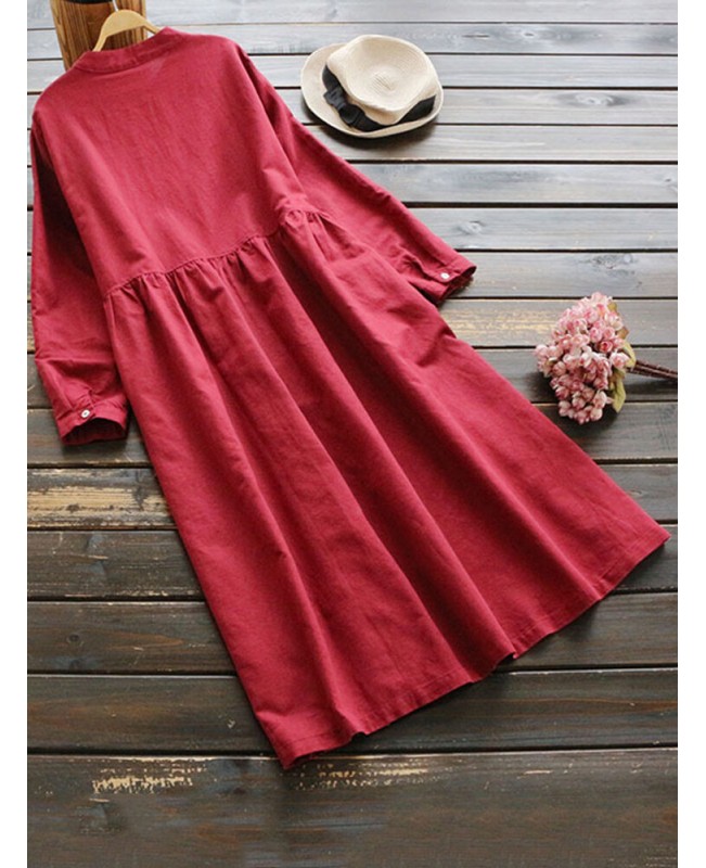 Vintage Women Cotton Solid Color Round Neck Button Long Sleeve Dress - Red 6