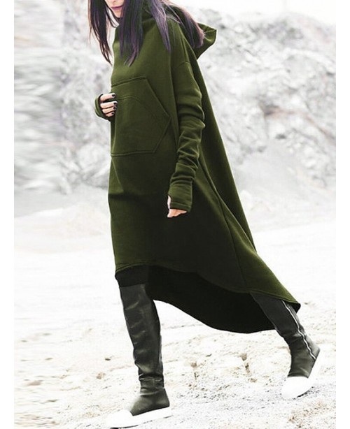 Casual Women Hooded Solid Color High Low Sweatshir...