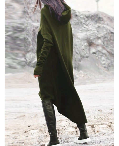 Casual Women Hooded Solid Color High Low Sweatshir...