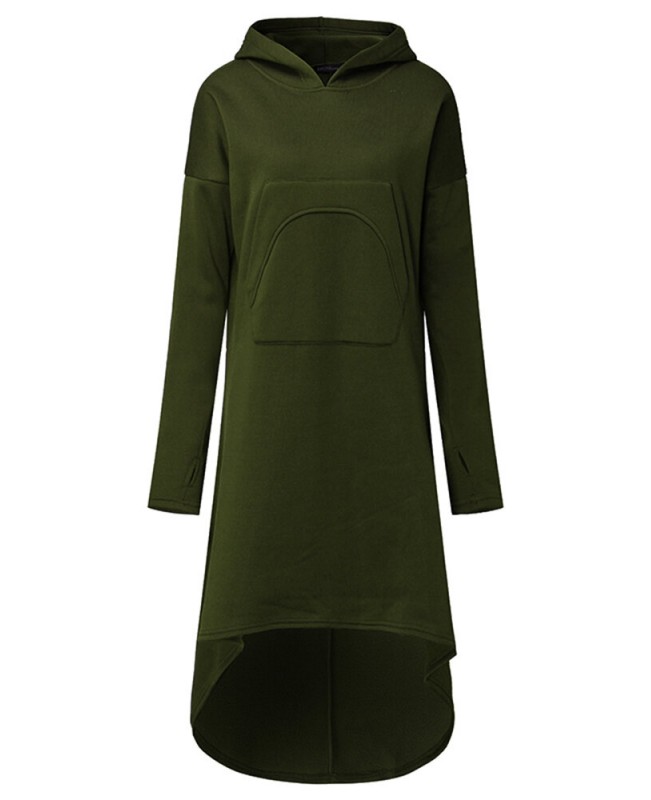 Casual Women Hooded Solid Color High Low Sweatshirt Dress - Army Green M