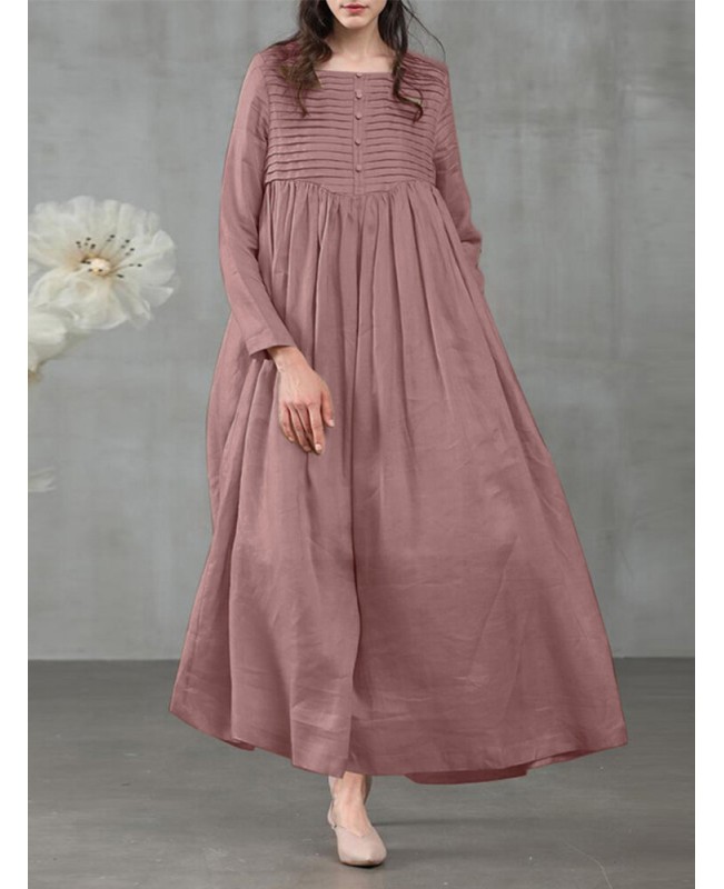 Women Square Neck Pleated Button Casual Maxi Vintage Dress With Side Pockets - Light Green S