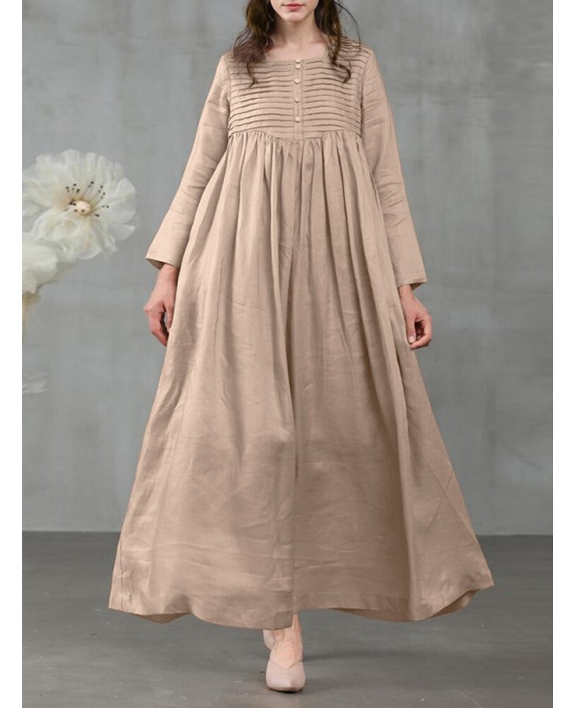 Women Square Neck Pleated Button Casual Maxi Vintage Dress With Side Pockets - Light Green S