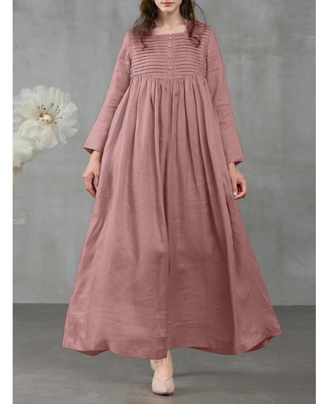 Women Square Neck Pleated Button Casual Maxi Vintage Dress With Side Pockets - Light Green S