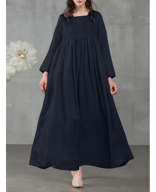 Women Square Neck Pleated Button Casual Maxi Vintage Dress With Side Pockets - Light Green S