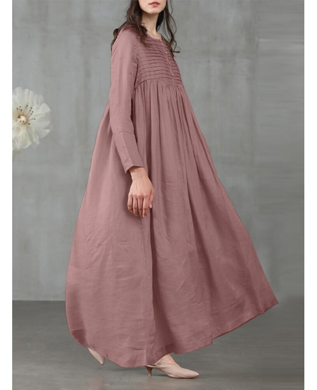 Women Square Neck Pleated Button Casual Maxi Vintage Dress With Side Pockets - Light Green S