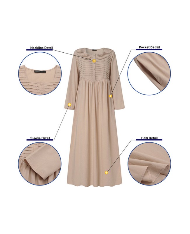 Women Square Neck Pleated Button Casual Maxi Vintage Dress With Side Pockets - Light Green S