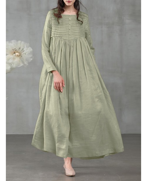 Women Square Neck Pleated Button Casual Maxi Vinta...