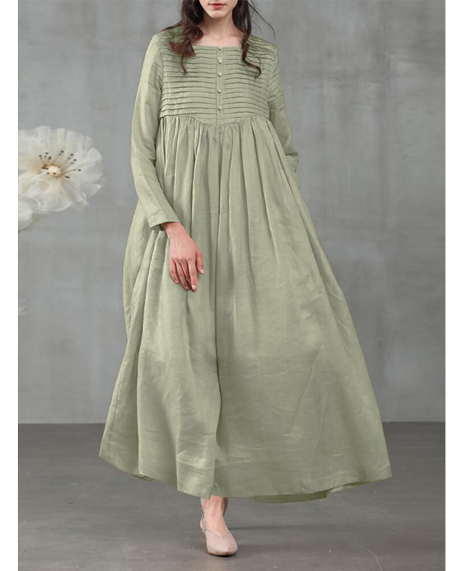 Women Square Neck Pleated Button Casual Maxi Vintage Dress With Side Pockets - Light Green S