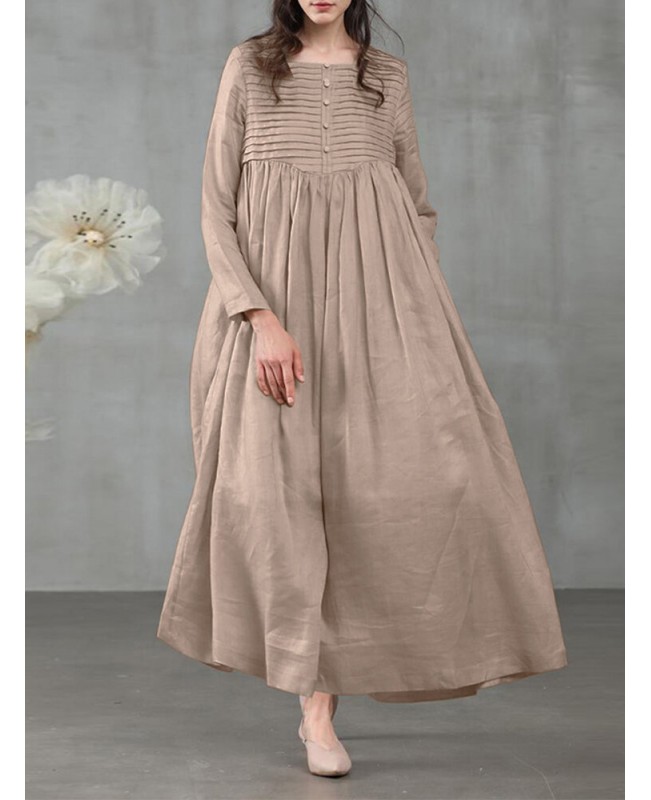 Women Square Neck Pleated Button Casual Maxi Vintage Dress With Side Pockets - Light Green S