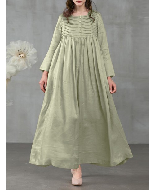 Women Square Neck Pleated Button Casual Maxi Vinta...