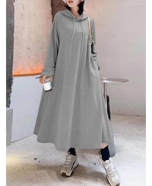 Women Solid Color Irregular Hem Casual Hooded Swea...