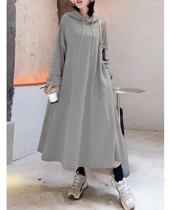 Women Solid Color Irregular Hem Casual Hooded Sweatshirt Maxi Dresses With Side Pocket - Black S