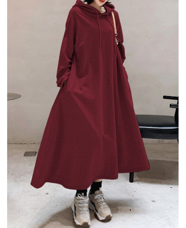 Women Solid Color Irregular Hem Casual Hooded Sweatshirt Maxi Dresses With Side Pocket - Black S