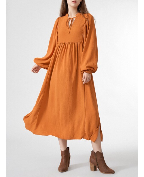 Solid Slit Tie Front Long Sleeve V-neck Casual Dre...