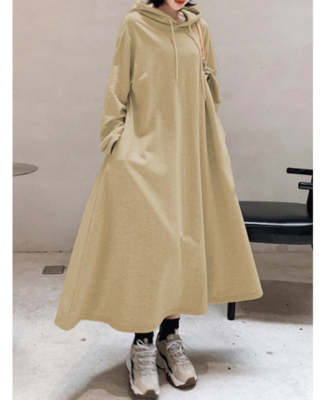 Women Solid Color Irregular Hem Casual Hooded Sweatshirt Maxi Dresses With Side Pocket - Black S