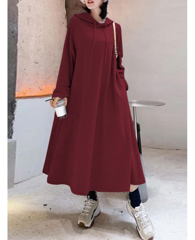 Women Solid Color Irregular Hem Casual Hooded Sweatshirt Maxi Dresses With Side Pocket - Black S
