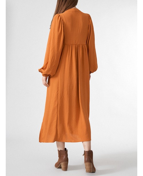 Solid Slit Tie Front Long Sleeve V-neck Casual Dre...