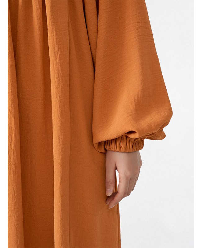Solid Slit Tie Front Long Sleeve V-neck Casual Dress - Orange S