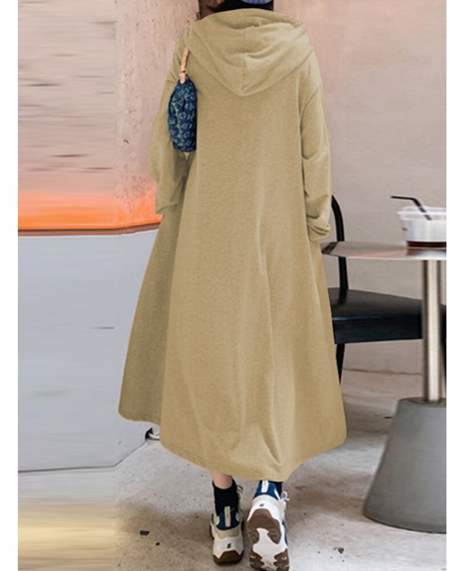 Women Solid Color Irregular Hem Casual Hooded Sweatshirt Maxi Dresses With Side Pocket - Black S