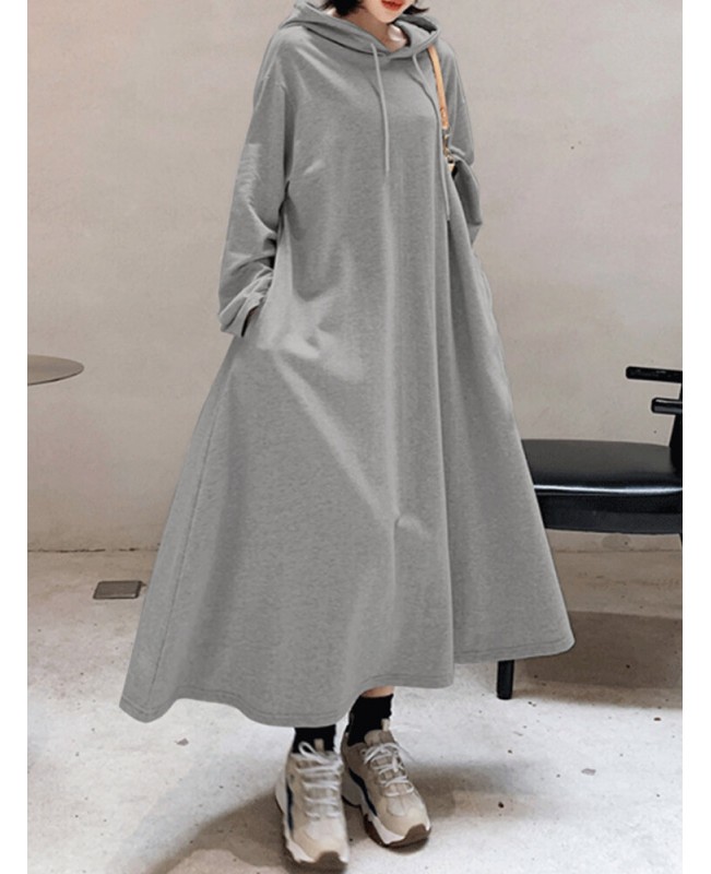 Women Solid Color Irregular Hem Casual Hooded Sweatshirt Maxi Dresses With Side Pocket - Black S