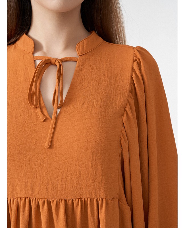 Solid Slit Tie Front Long Sleeve V-neck Casual Dress - Orange S