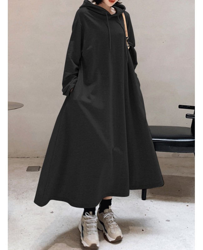 Women Solid Color Irregular Hem Casual Hooded Sweatshirt Maxi Dresses With Side Pocket - Black S