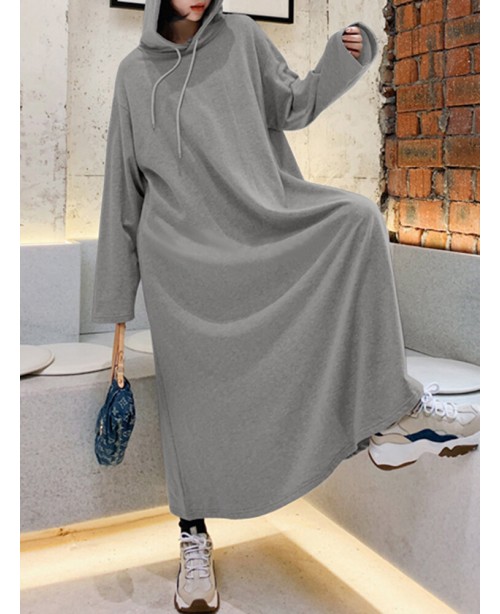 Women Solid Color Irregular Hem Casual Hooded Swea...