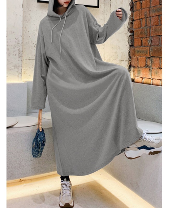 Women Solid Color Irregular Hem Casual Hooded Sweatshirt Maxi Dresses With Side Pocket - Black S