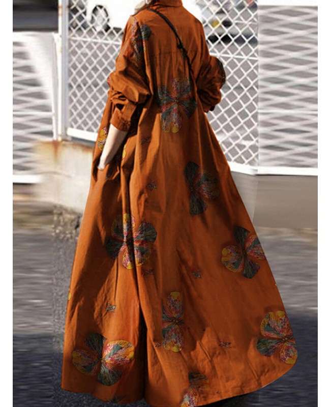 Women Retro Floral Print Lapel Bohemian Loose Long Sleeve Maxi Shirt Dress With Pocket - Rose S