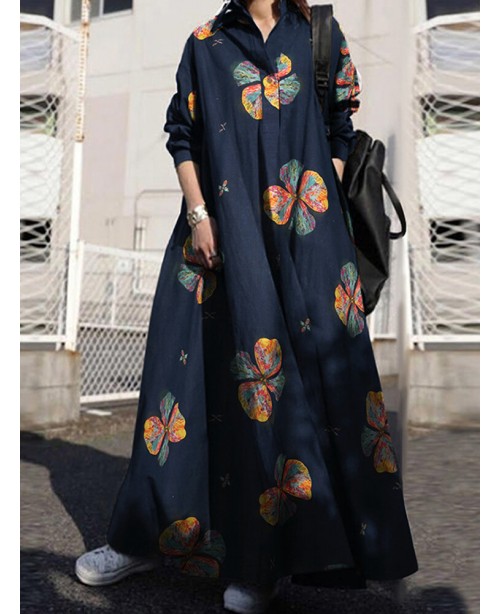Women Retro Floral Print Lapel Bohemian Loose Long...