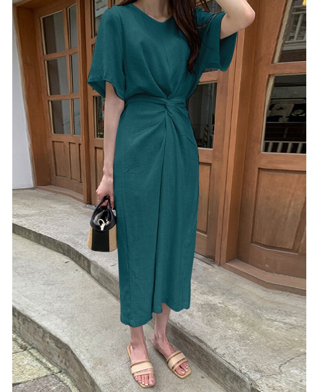 Cotton Solid Bowknot Short Sleeve Maxi Dress - Black 4XL