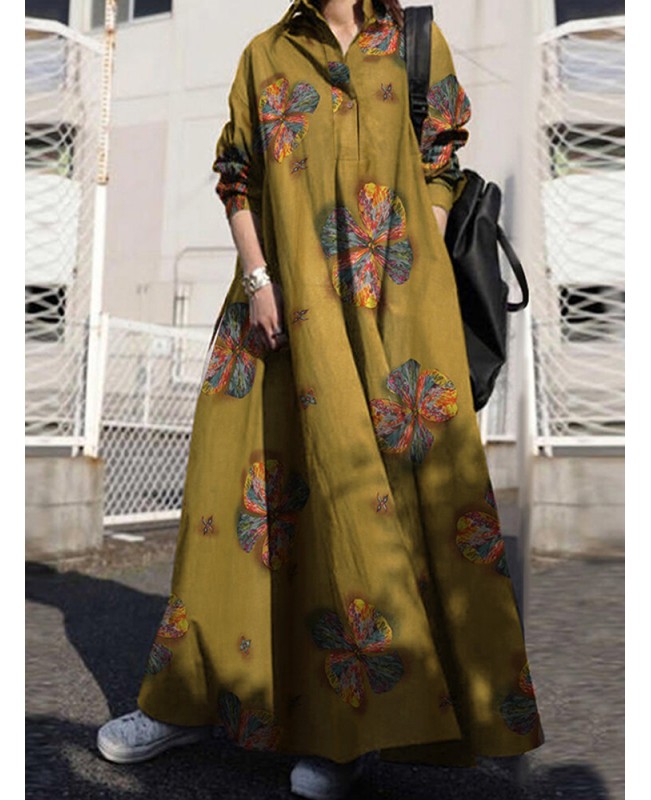 Women Retro Floral Print Lapel Bohemian Loose Long Sleeve Maxi Shirt Dress With Pocket - Rose S