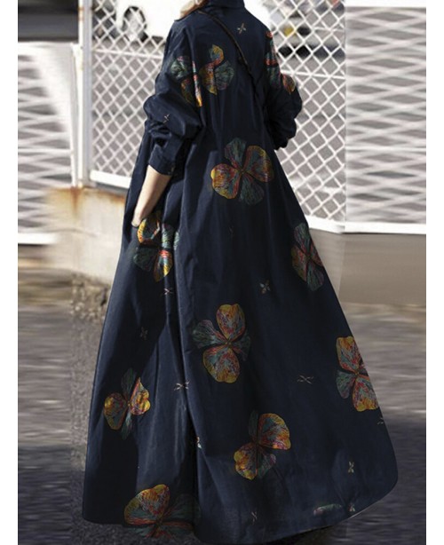 Women Retro Floral Print Lapel Bohemian Loose Long...