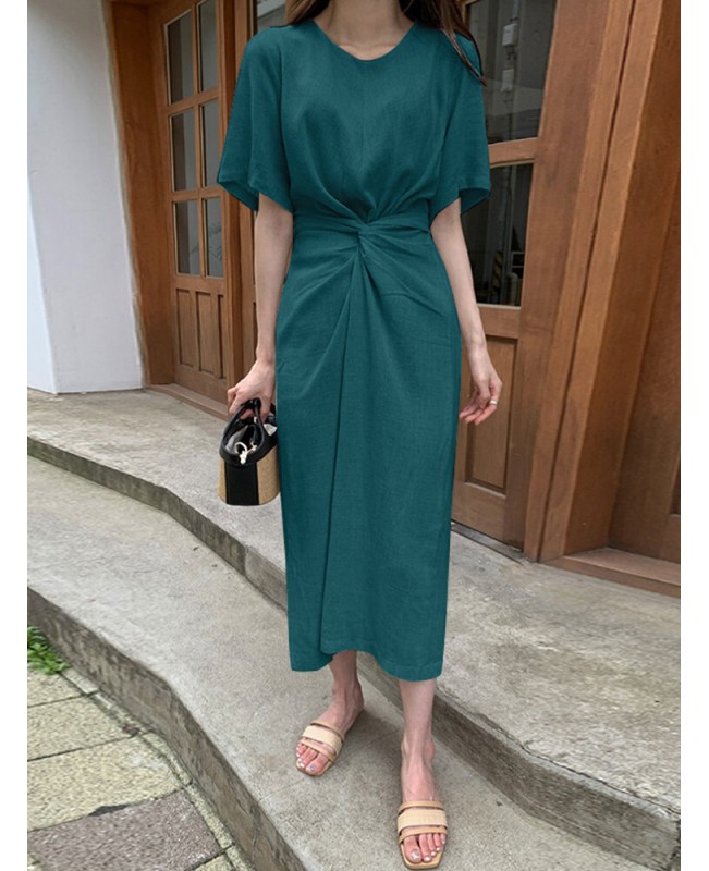 Cotton Solid Bowknot Short Sleeve Maxi Dress - Black 4XL