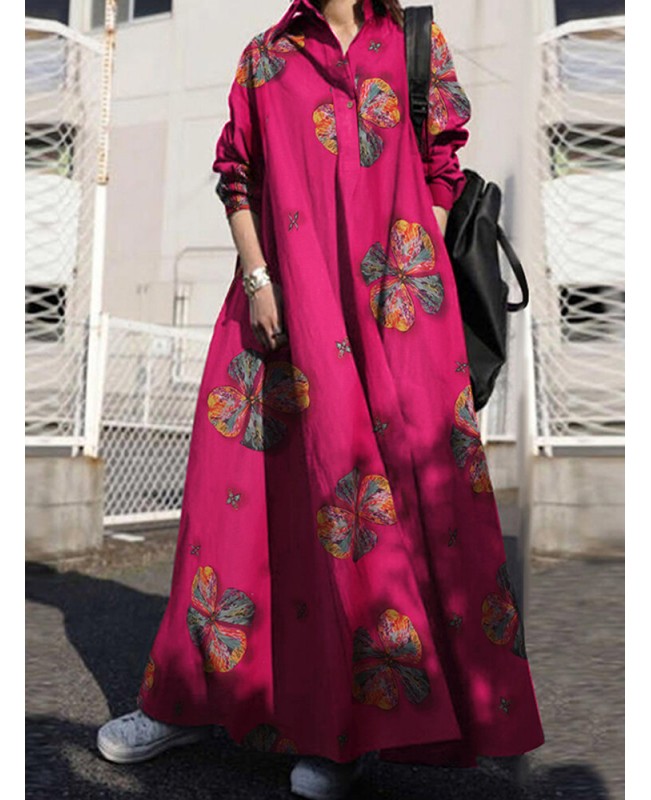 Women Retro Floral Print Lapel Bohemian Loose Long Sleeve Maxi Shirt Dress With Pocket - Rose S