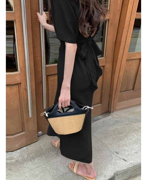 Cotton Solid Bowknot Short Sleeve Maxi Dress - Bla...
