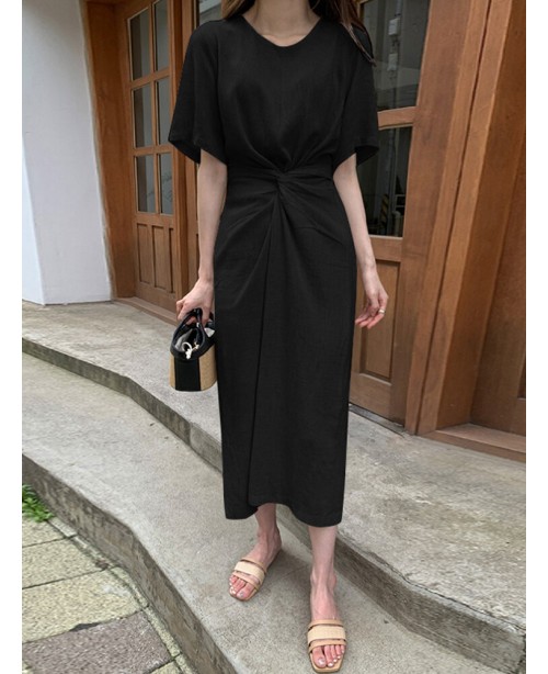 Cotton Solid Bowknot Short Sleeve Maxi Dress - Bla...