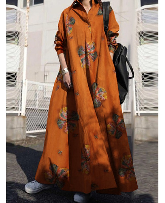 Women Retro Floral Print Lapel Bohemian Loose Long Sleeve Maxi Shirt Dress With Pocket - Rose S