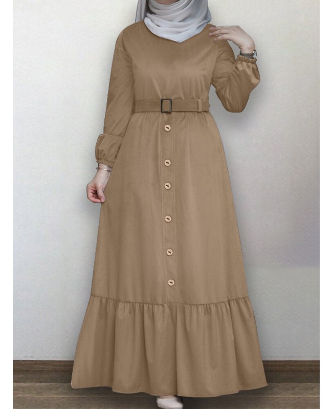 Women Ruffle Hem Solid Color Button Belted Casual Long Sleeve Maxi Dress - Black S