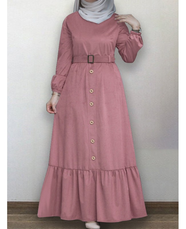 Women Ruffle Hem Solid Color Button Belted Casual Long Sleeve Maxi Dress - Black S