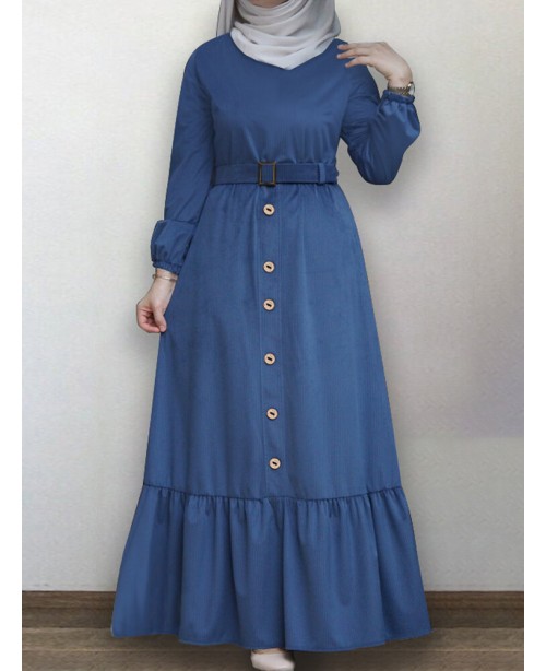 Women Ruffle Hem Solid Color Button Belted Casual ...