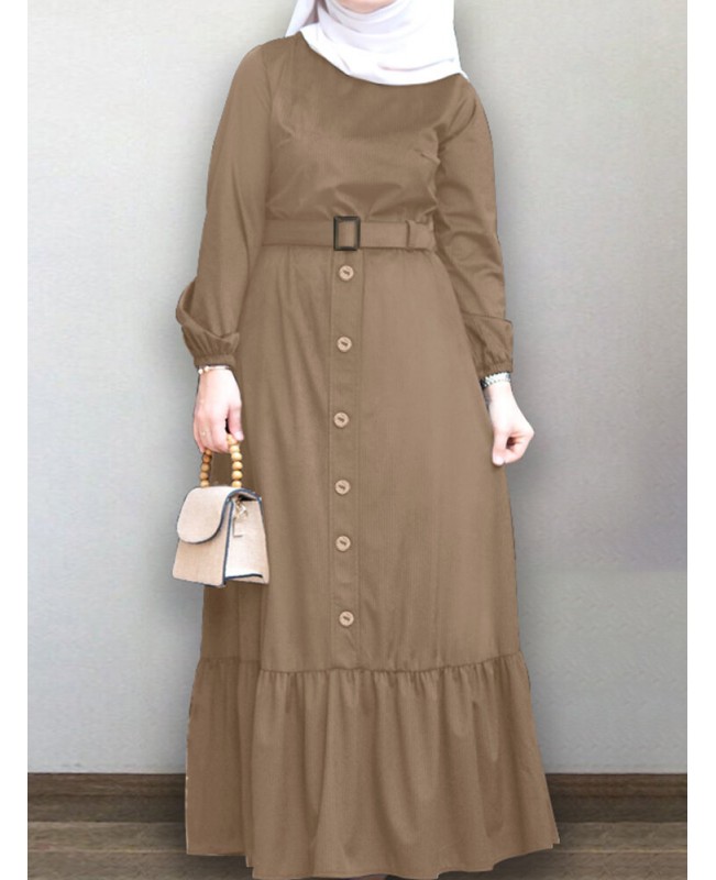 Women Ruffle Hem Solid Color Button Belted Casual Long Sleeve Maxi Dress - Black S